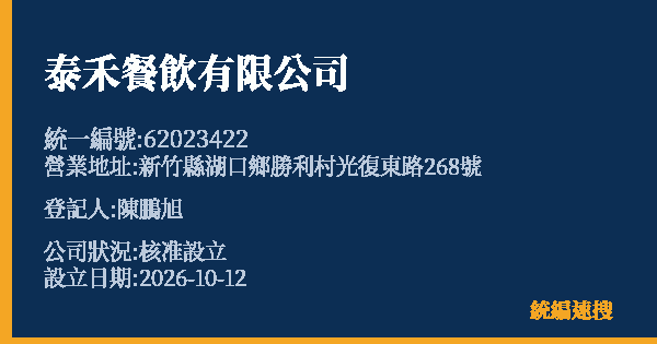 泰禾餐飲有限公司的照片-統編 62023422(新竹縣) 公司登記資料與營業項目詳細圖表