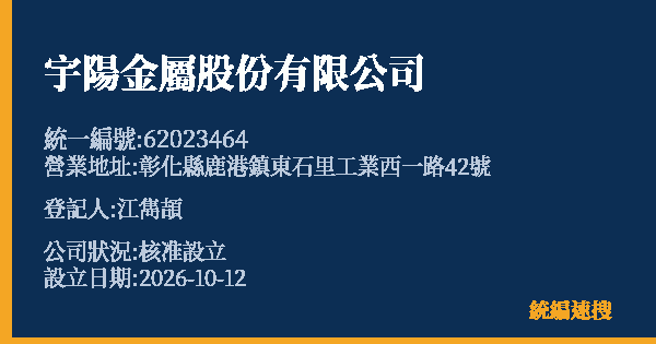 宇陽金屬股份有限公司的照片-統編 62023464(彰化縣) 公司登記資料與營業項目詳細圖表