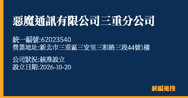 惡魔通訊有限公司三重分公司的照片-統編 62023540(新北市) 公司登記資料與營業項目詳細圖表