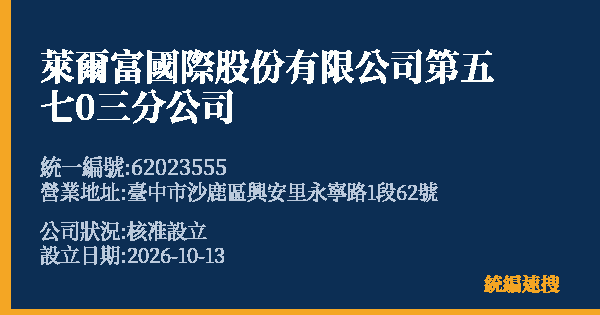 萊爾富國際股份有限公司第五七0三分公司的照片-統編 62023555(臺中市) 公司登記資料與營業項目詳細圖表