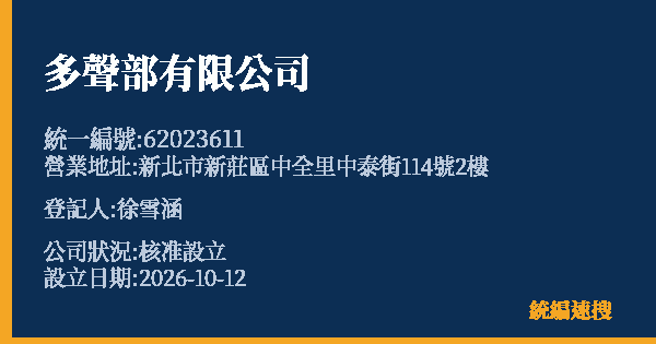 多聲部有限公司的照片-統編 62023611(新北市) 公司登記資料與營業項目詳細圖表