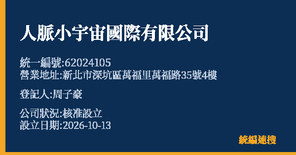 人脈小宇宙國際有限公司的照片-統編 62024105(新北市) 公司登記資料與營業項目詳細圖表