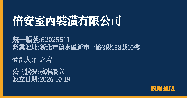 倍安室內裝潢有限公司的照片-統編 62025511(新北市) 公司登記資料與營業項目詳細圖表