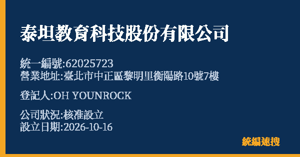 泰坦教育科技股份有限公司的照片-統編 62025723(臺北市) 公司登記資料與營業項目詳細圖表