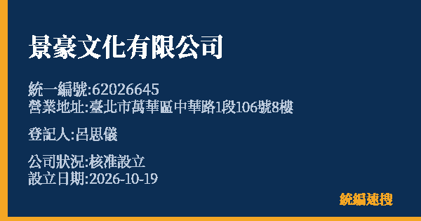 景豪文化有限公司的照片-統編 62026645(臺北市) 公司登記資料與營業項目詳細圖表