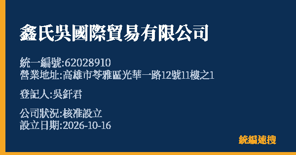 鑫氏吳國際貿易有限公司的照片-統編 62028910(高雄市) 公司登記資料與營業項目詳細圖表
