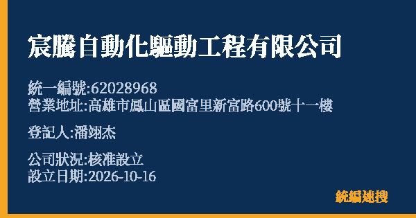 宸騰自動化驅動工程有限公司的照片-統編 62028968(高雄市) 公司登記資料與營業項目詳細圖表
