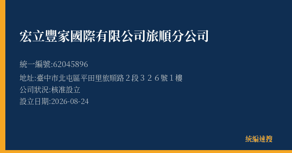 宏立豐家國際有限公司旅順分公司的照片-統編 62045896(臺中市) 公司登記資料與營業項目詳細圖表