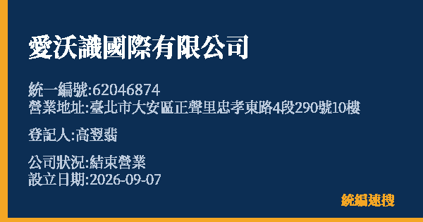 愛沃識國際有限公司的照片-統編 62046874 公司登記資料與營業項目詳細圖表