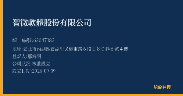 智微軟體股份有限公司的照片-統編 62047183(臺北市) 公司登記資料與營業項目詳細圖表