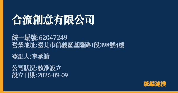 合流創意有限公司的照片-統編 62047249(臺北市) 公司登記資料與營業項目詳細圖表