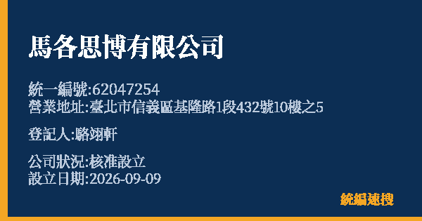 馬各思博有限公司的照片-統編 62047254(臺北市) 公司登記資料與營業項目詳細圖表