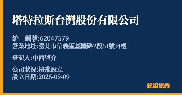 塔特拉斯台灣股份有限公司的照片-統編 62047579(臺北市) 公司登記資料與營業項目詳細圖表