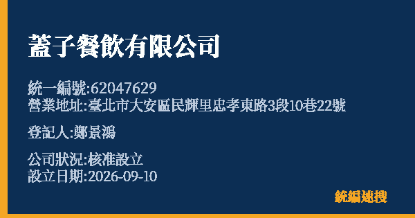 蓋子餐飲有限公司的照片-統編 62047629(臺北市) 公司登記資料與營業項目詳細圖表