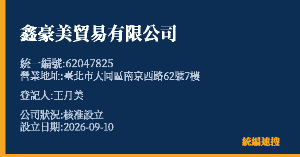 鑫豪美貿易有限公司的照片-統編 62047825(臺北市) 公司登記資料與營業項目詳細圖表