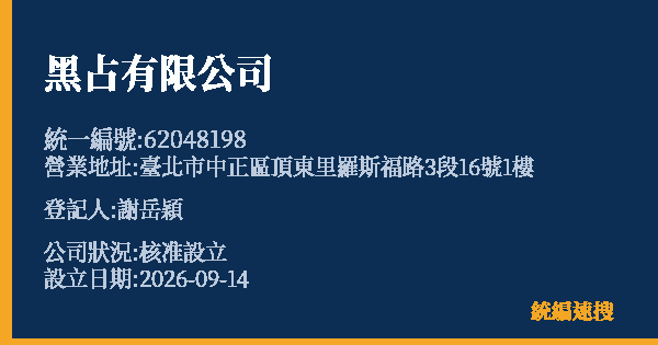 黑占有限公司的照片-統編 62048198(臺北市) 公司登記資料與營業項目詳細圖表