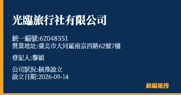 光臨旅行社有限公司的照片-統編 62048351(臺北市) 公司登記資料與營業項目詳細圖表