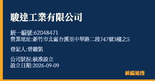 駿達工業有限公司的照片-統編 62048471(新竹市) 公司登記資料與營業項目詳細圖表