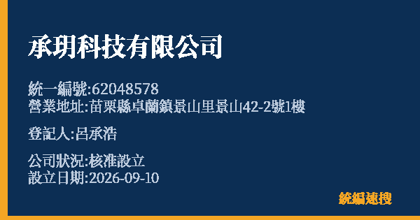 承玥科技有限公司的照片-統編 62048578(苗栗縣) 公司登記資料與營業項目詳細圖表