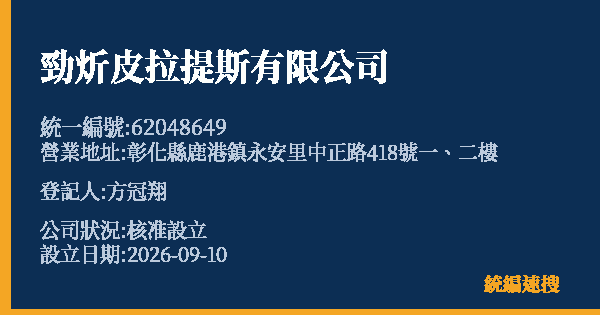 勁炘皮拉提斯有限公司的照片-統編 62048649(彰化縣) 公司登記資料與營業項目詳細圖表