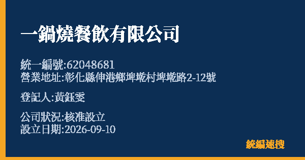 一鍋燒餐飲有限公司的照片-統編 62048681(彰化縣) 公司登記資料與營業項目詳細圖表