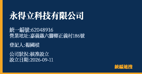 永得立科技有限公司的照片-統編 62048916(嘉義縣) 公司登記資料與營業項目詳細圖表
