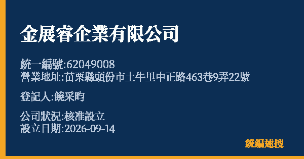 金展睿企業有限公司的照片-統編 62049008(苗栗縣) 公司登記資料與營業項目詳細圖表