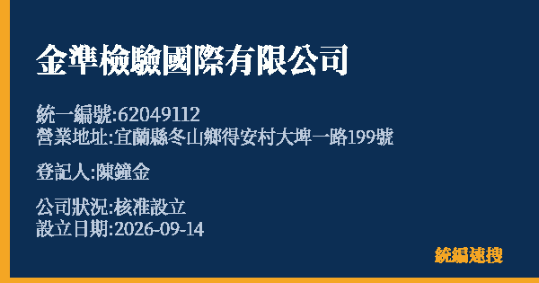 金準檢驗國際有限公司的照片-統編 62049112(宜蘭縣) 公司登記資料與營業項目詳細圖表