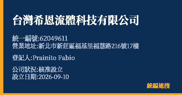 台灣希恩流體科技有限公司的照片-統編 62049611(新北市) 公司登記資料與營業項目詳細圖表