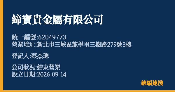 締寶貴金屬有限公司的照片-統編 62049773(新北市) 公司登記資料與營業項目詳細圖表