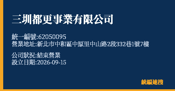 三圳都更事業有限公司的照片-統編 62050095(新北市) 公司登記資料與營業項目詳細圖表