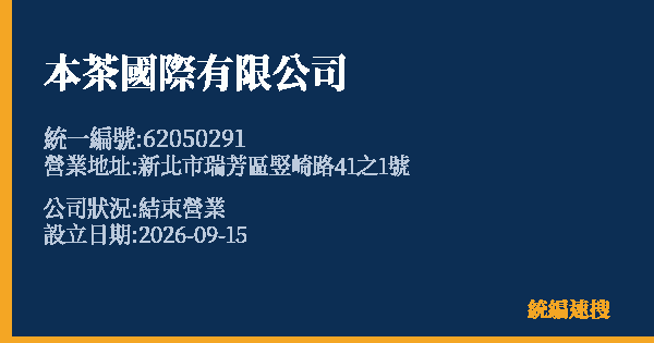 本茶國際有限公司的照片-統編 62050291(新北市) 公司登記資料與營業項目詳細圖表