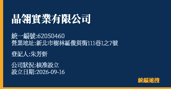晶翎實業有限公司的照片-統編 62050460(新北市) 公司登記資料與營業項目詳細圖表