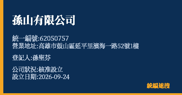 孫山有限公司的照片-統編 62050757(高雄市) 公司登記資料與營業項目詳細圖表