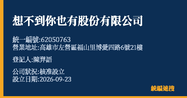 想不到你也有股份有限公司的照片-統編 62050763(高雄市) 公司登記資料與營業項目詳細圖表