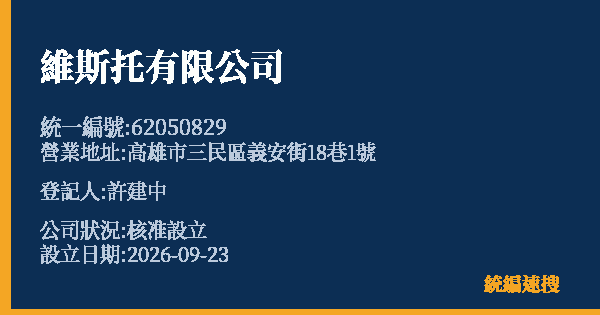 維斯托有限公司的照片-統編 62050829(高雄市) 公司登記資料與營業項目詳細圖表
