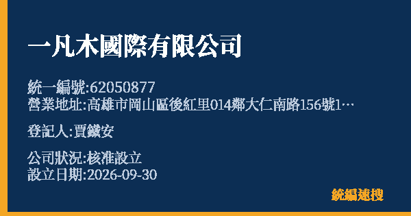 一凡木國際有限公司的照片-統編 62050877(高雄市) 公司登記資料與營業項目詳細圖表