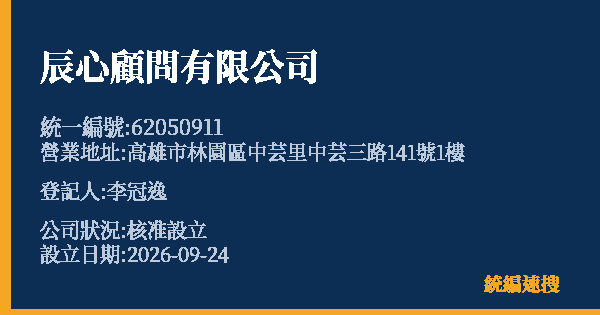 辰心顧問有限公司的照片-統編 62050911(高雄市) 公司登記資料與營業項目詳細圖表
