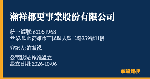 瀚祥都更事業股份有限公司的照片-統編 62051968(高雄市) 公司登記資料與營業項目詳細圖表