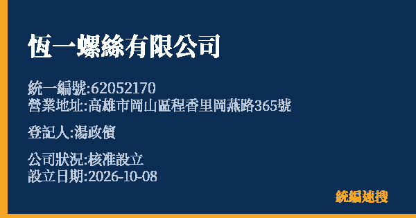 恆一螺絲有限公司的照片-統編 62052170(高雄市) 公司登記資料與營業項目詳細圖表