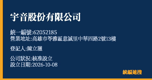 宇音股份有限公司的照片-統編 62052185(高雄市) 公司登記資料與營業項目詳細圖表