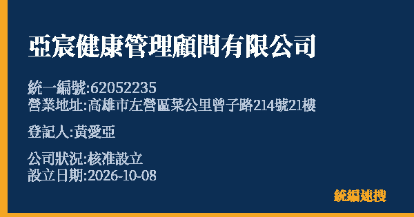 亞宸健康管理顧問有限公司的照片-統編 62052235(高雄市) 公司登記資料與營業項目詳細圖表