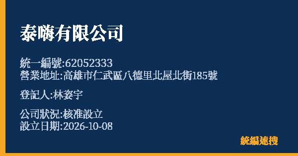 泰嗨有限公司的照片-統編 62052333(高雄市) 公司登記資料與營業項目詳細圖表