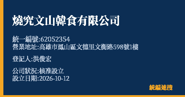 燒究文山韓食有限公司的照片-統編 62052354(高雄市) 公司登記資料與營業項目詳細圖表