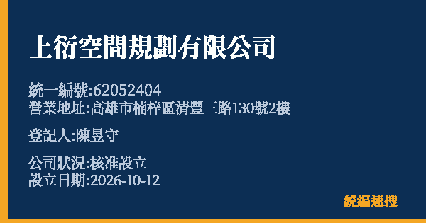 上衍空間規劃有限公司的照片-統編 62052404(高雄市) 公司登記資料與營業項目詳細圖表