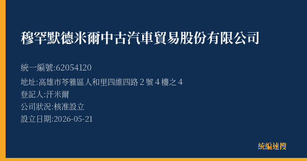 穆罕默德米爾中古汽車貿易股份有限公司的照片-統編 62054120(高雄市) 公司登記資料與營業項目詳細圖表