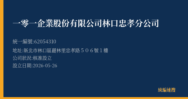 一零一企業股份有限公司林口忠孝分公司的照片-統編 62054310(新北市) 公司登記資料與營業項目詳細圖表