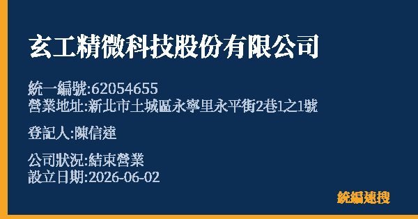 玄工精微科技股份有限公司的照片-統編 62054655 公司登記資料與營業項目詳細圖表