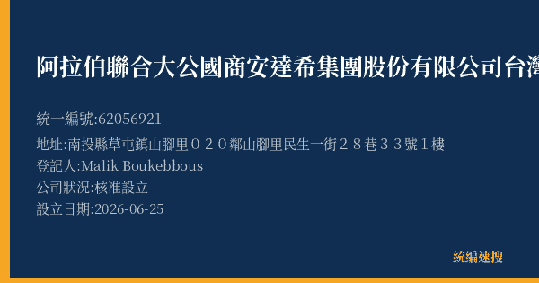 阿拉伯聯合大公國商安達希集團股份有限公司台灣分公司的照片-統編 62056921(南投縣) 公司登記資料與營業項目詳細圖表