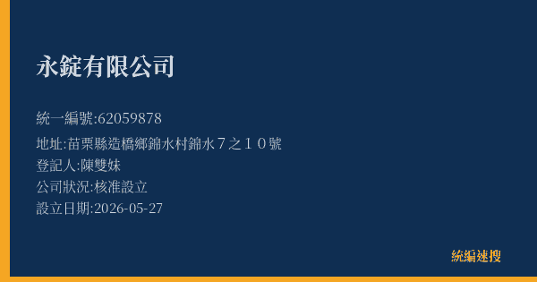 永錠有限公司的照片-統編 62059878(苗栗縣) 公司登記資料與營業項目詳細圖表